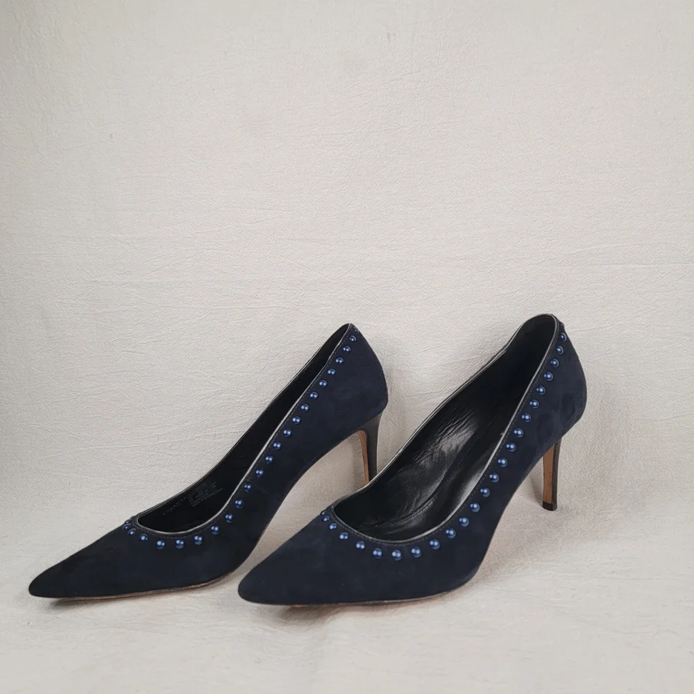 COACH Smith Rivets Navy Blue Suede Pointed Toe Pumps Stiletto Heels Size 8 B
​ - Picture 5 of 11